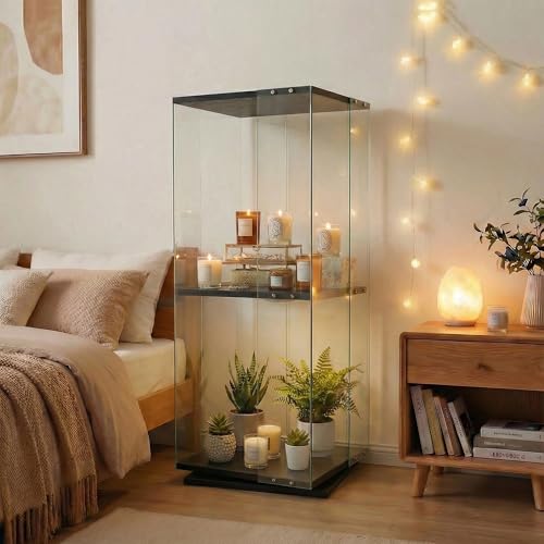 Glass Display Cabinet with Rotating Base, Curio Cabinet with LED Light, 2-Shelf Tempered Glass Display Case for Collectibles, Curio Display Cabinet for Living Room,Home Decor, Black - color: Black, size: 1-Door 2-shelf-LED-Rotation