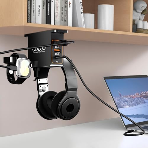 cozoo Headphone Stand with USB Charger Under Desk Headset Holder Mount 3 USB Charging Station,iWatch Stand Watch Dock Dual Earphone Hanger Hook,PC Accessories Gifts,UL Tested - color: Black ( PD & QC3.0 )