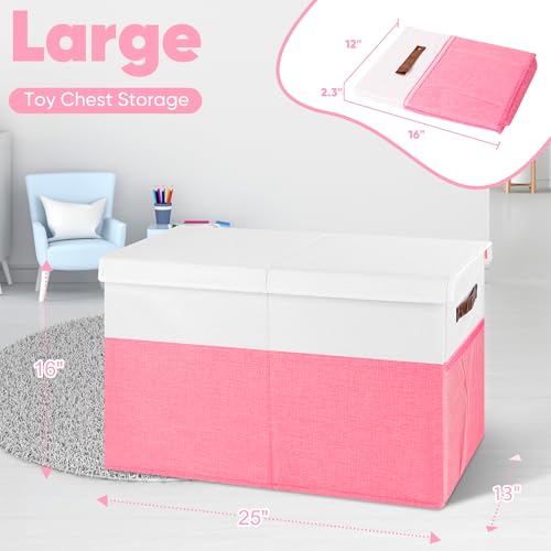 Mabahoo Large Toy Box, Collapsible Sturdy Storage Organize Chest Boxes With Lids, 25"x13"x16" Kids Toy Chest Bin Baskets for Living Room, Bedroom, Nursery, White & Pink - color: White and Pink
