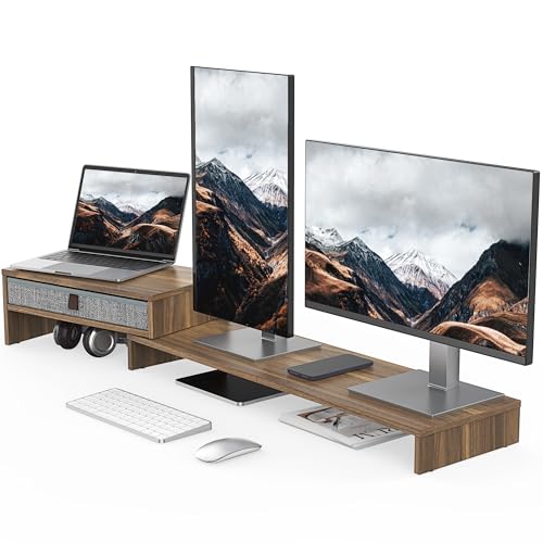 Fenge Computer Monitor Riser Stand with Drawer for 2 or 3 Monitors ,Adjustable Length and Angle Desktop Laptop Stand,Office Organizer,Printer - color: Brown