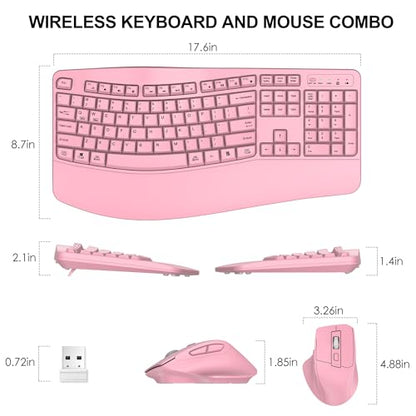 Wireless Keyboard and Mouse Combo, 2.4G Full Size Wave Keys Ergonomic Keyboard with Wrist Rest and 3-Level DPI Adjustable Wireless Ergonomic Mouse for Windows, Mac OS Desktop/Laptop/PC(Pink) - color: Pink