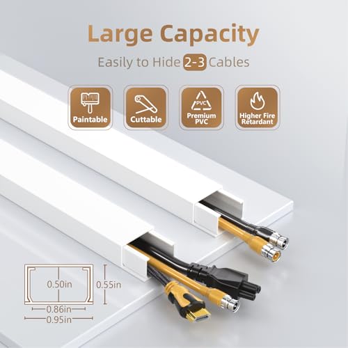 Delamu Cord Hider, 85in Cord Covers for 2-3 Wires on Wall, Self-Adhesive Cable Hider, Paintable Wire Hiders Wire Covers for TV Cords on Wall, Easy Mount Cable Cover Raceway Kit, W0.95 H0.55in, White - color: White, size: 85in L x 0.95in W x 0.55in H