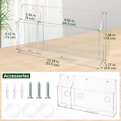 VANCORE Clear Wall Mounted Phone Holder Acrylic Remote Control Holder Media Organizer Caddy with Holes for Charging Phone Tablet Holder (Two Compartments)
