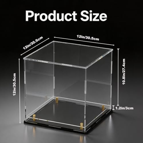 Acrylic Display Case for Collectibles, Dustproof Acrylic Box with Clear Display Elevation & Gold Risers, Large Display Case for Figures Toys Memorabilia, 12" L x 12" W x 12" H - size: 12"L x 12"W x 12"H