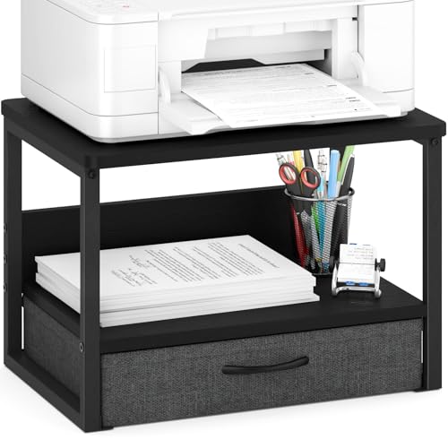 MARTY Printer Stand with Storage Drawer for Desk, 2-Tier Desktop Printer Stand Shelf Organzier for Home Office Printer Riser Under Desk Small Printer Table for Fax Machine Copier Scanner (Black) - color: Black, size: 2 Tier with Drawer