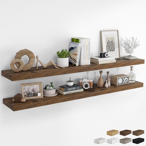 RICHFOCUS 72Inch Floating Shelves for Wall 2 Pack Shelves for Bedroom|Kitchen|Bathroom Wall Mounted Rustic Wood Floating Shelf with Invisible Brackets for Books|Storage|Decor, Rustic Brown - color: Rustic Brown, size: 72"L x 8"D, Set of 2