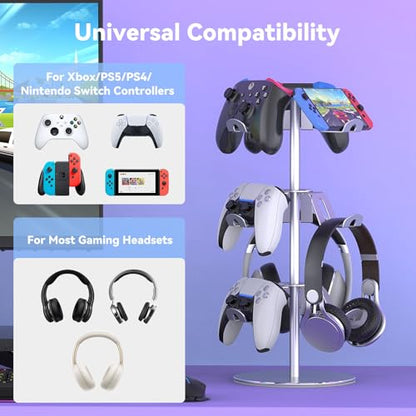 Controller Stand Compatible with Xbox PS5 PS4 Nintendo Switch Pro, 3 Tier Aluminum Gaming Headset Stand, Rotatable Headphone Controller Holder Organizer Rack, Universal & Large Capacity, Silver - color: Silver