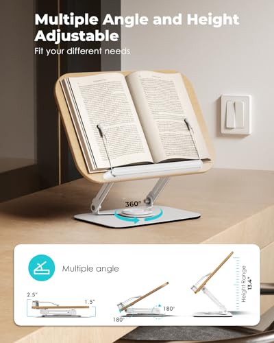 Viozon Book Stand for Reading,Book Holder, Height&Angle Adjustable, 360° Rotating Base, Foldable and Portable, Lightweight for Office, Kitchen, School Textbook, Recipe, Magazine,Kindle,Tablet LW - color: Light Wood