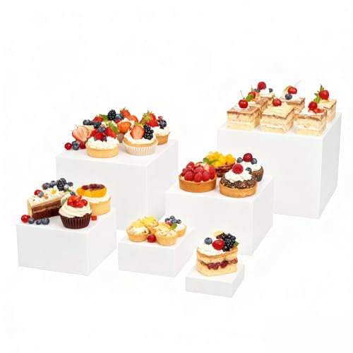6Pcs Buffet Risers, Food Risers for Buffet Table, Acrylic Display Stands for Party Catering Desset Jewelry Collectibles, Acrylic Cube Boxes with Hollow Bottoms White (8"-7"-6"-5"-4"-3") - size: 8"-7"-6"-5"-4"-3"