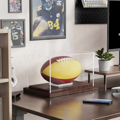 VGMiu Football Display Case with Wood Base, Acrylic Football Case Display Clear Box with Removable Built-in Ball Holder for Autographed Footballs, Sports Collectibles, Memorabilia Displays - size: Football Case