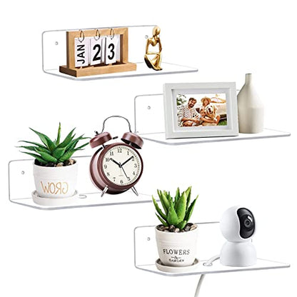 9 Inch Acrylic Floating Shelf, No Drill Adhesive Wall Shelf Set of 4 for Storage, Floating Shelves Damage-Free Expand Wall Space for Living Room, Office, Gaming Room, Bathroom - color: Clear