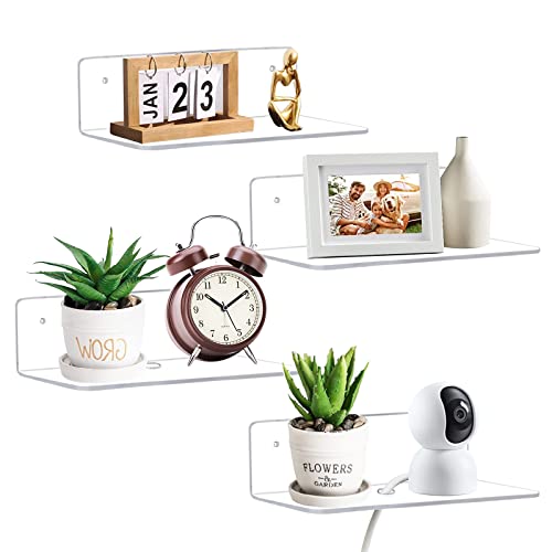 9 Inch Acrylic Floating Shelf, No Drill Adhesive Wall Shelf Set of 4 for Storage, Floating Shelves Damage-Free Expand Wall Space for Living Room, Office, Gaming Room, Bathroom - color: Clear