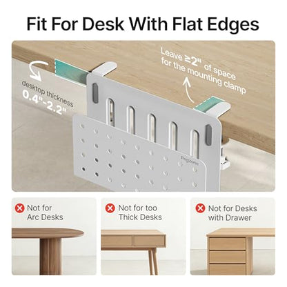 Under Desk Storage Organizer, Laptop Holder Stand with Pegboard Design, Holds 22lbs, Clamp on Desk Organizer, Fits 0.4"-2.2" Desktop Edge, White - color: White