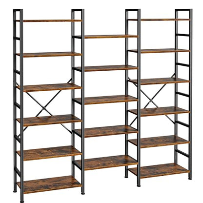 SUPERJARE Triple Bookshelf, Bookcase with 17 Open Display Shelves, Wide Book Shelf Book Case for Home & Office, 6 Tier, Brown, ABC003Z - color: Rustic Brown, size: 6 Tier