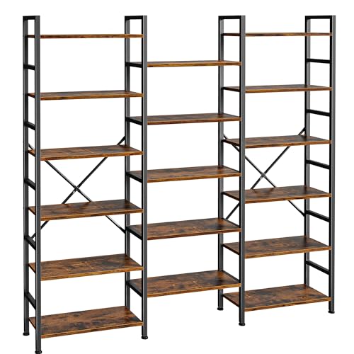SUPERJARE Triple Bookshelf, Bookcase with 17 Open Display Shelves, Wide Book Shelf Book Case for Home & Office, 6 Tier, Brown, ABC003Z - color: Rustic Brown, size: 6 Tier