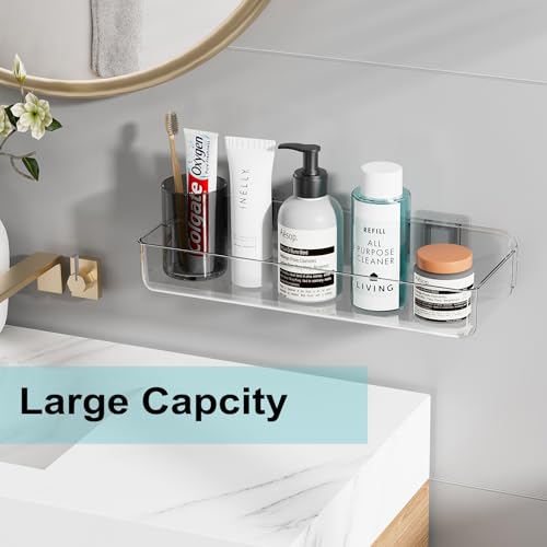 ZEXALOR Wall Mounted Storage Organizer Bins Organizing Shelf Basket Clear Plastic Makeup Organizer Adhesive Hanging Bin Fridge Organizer for Bathroom,Kitchen,Cabinet,Pantry,Countertops (13.7×5×2.7”) - size: 13.7 × 5 × 2.7"