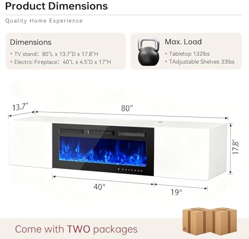 80'' Floating TV Stand with 40" Electric Fireplace, Wall Mounted Entertainment Center with Storage for TVs up to 90", Adjustable 12-Color LED Lights Media TV Console for Living Room - color: White & Black, size: 80 IN