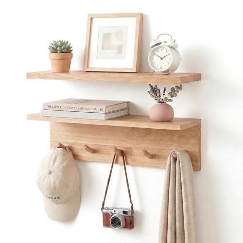 Floating Wall Shelves with Hooks, Rustic Wood Coat Rack & Storage Organizer for Entryway, Kitchen & Bedroom, Wall Mounted Display Shelf for Books, Plants & Photos