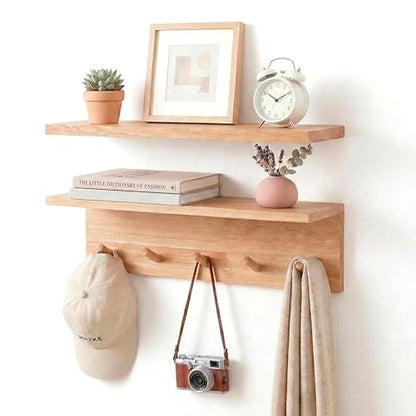 Floating Wall Shelves with Hooks, Rustic Wood Coat Rack & Storage Organizer for Entryway, Kitchen & Bedroom, Wall Mounted Display Shelf for Books, Plants & Photos