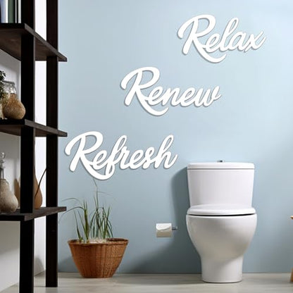 3 Pieces Bathroom Decor Wooden Bathroom Sign,Relax Renew Refresh Sign (White) - color: White