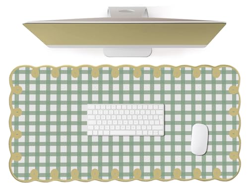 Cute Green Scalloped Desk Mat Checkered Large Mouse Pad Kawaii Vintage Farmhouse-Inspired Rustic Cottagecore Office Desk Decor Stitched Nonslip Pad for Computer Keyboard & Mouse 31 * 15.7in - color: A6- Green