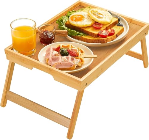 Bamboo Bed Tray Table with Foldable Legs, Breakfast Tray for Sofa, Bed, Eating, Working, Used As Laptop Desk Snack Tray by Pipishell - color: Natural, size: 16.3" x 11.8" x 6"