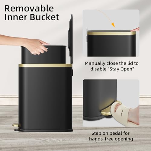 KUK Small Bathroom Trash Can with Lid Soft Close, Step Pedal, 2.6 Gal Stainless Steel Garbage Can with Removable Inner Bucket, Anti-Fingerprint Wastebasket for Office, Bedroom, Toilet (Black) - color: Matt Black-J-P