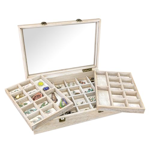 MOOCA Tempered Glass Jewelry Box Organizer, Two-Layer Jewelry Display Case for Necklaces, Earrings, Bracelets, Rings - Elegant Storage Solution, Vintage White Color - color: Vintage White, size: 2-Layer Set, 2 inch high