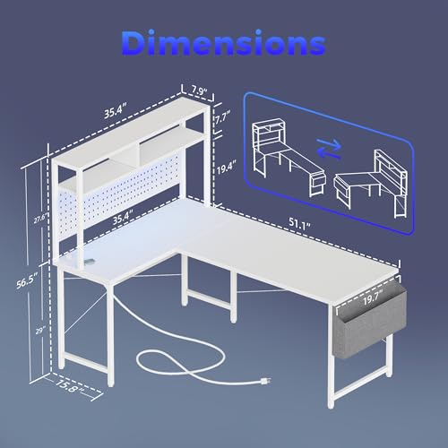 Mericonia 51 inch Large L Shaped Desk with Pegboard Hutch & Shelves, Corner Gaming Desk with Power Outlet, LED Light & Storage Bag, Reversible Computer Desk for Home, Bedroom, Office Workspace, White - color: White, size: 50 inch