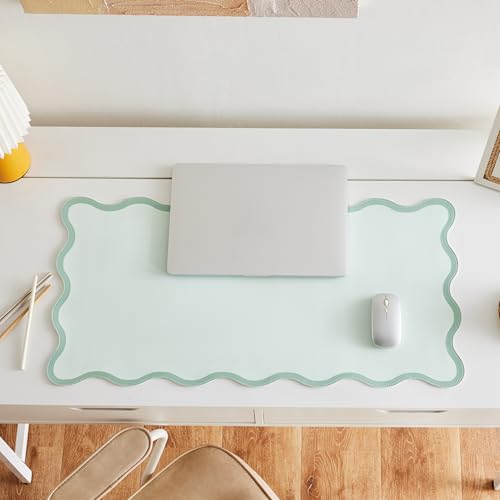 Sage Green Scalloped Desk Mat, 31.5" x 15.7", PU Leather, Waterproof Anti-Slip, Cute Aesthetic Desk Pad for Office/Home/Game/Vanity Large - color: Sage