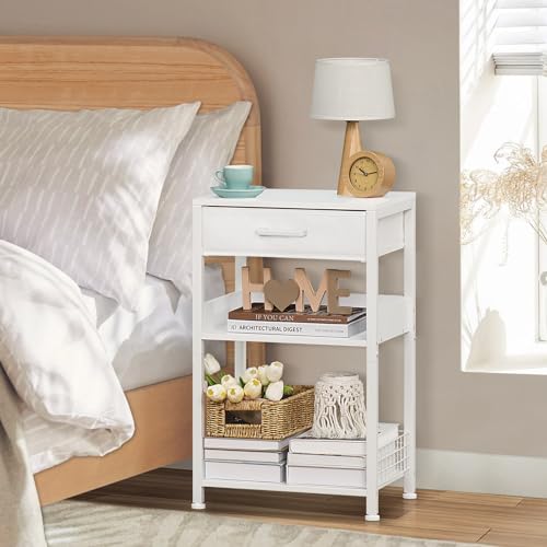 Lerliuo White Printer Stand with Fabric Drawer, 3 Tier Industrial Side Table, Modern Small Printer Desk Holder with Storage Shelf,Multi-Functional Bedside Tables for Home Office Fax Machine Scanner - color: White