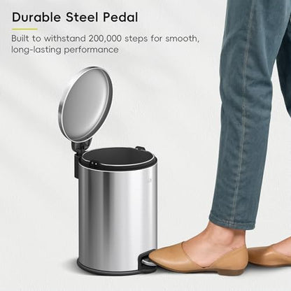EKO Serene 5L / 1.32 Gallon Step Trash Can with Lid, Small Stainless Steel Round Garbage Can with Removable Inner Bucket, Compact Bin for Powder Rooms, Offices & Tight Bathroom Spaces. - color: Stainless Steel, size: 5L