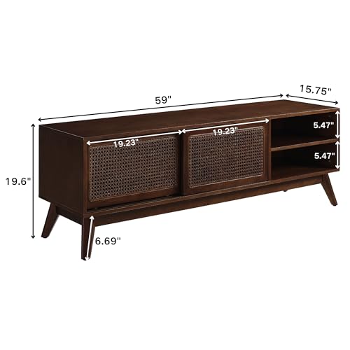 LKTART Boho Mid Century TV Stand,59" Rattan Entertainment Center,Media Console with Solid Wood Legs,Adjustable Feet & Divided Storage,TV Cabinet for 65 Inch TV,Dark Walnut - color: 59" Dark Walnut