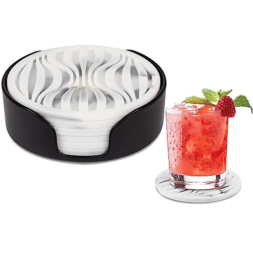 6 Pack Rubber Coasters for Drink with Holder, Silicone Cup Mat Non-Stick | Coasters Drink Non-Stick Outdoor Plastic Coasters Set Thickened Hot-Cold Fits Any Cups Table Rubber Non-Slip Glass Coaster - color: Black White-plastic Holder