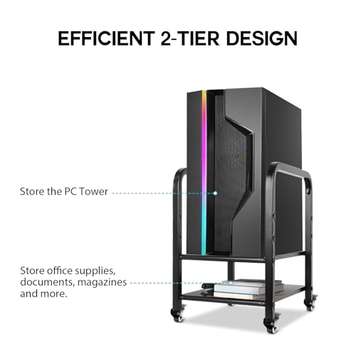 Computer Tower Stand, Height Adjustable PC Floor Stand 2-Tier for Mini/Mid Tower, Full Metal Rolling CPU Holder Cart with Locking Caster Wheels for Home and Office, Black