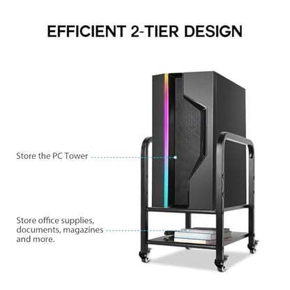 Computer Tower Stand, Height Adjustable PC Floor Stand 2-Tier for Mini/Mid Tower, Full Metal Rolling CPU Holder Cart with Locking Caster Wheels for Home and Office, Black