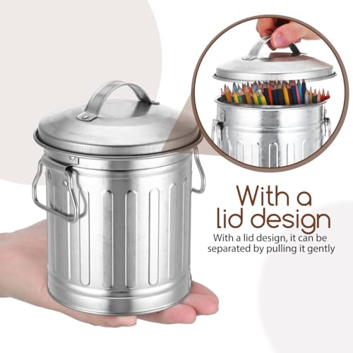 VILLCASE Mini Metal Bucket with Lid, 7.5" x 5" Small Garbage Can Trash Bin with Lid, Desktop Metal Rubbish Bin, Table Top Home Wastebasket for Countertop Office Silver Iron