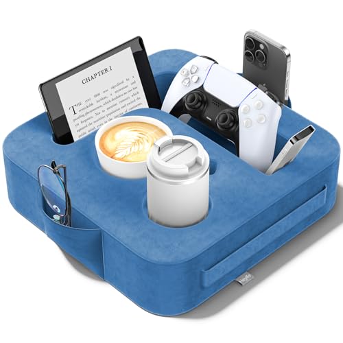 Couch Cup Holder Pillow, Sofa and Bed Organizer Caddy for iPad, Kindle, Switch, Game Controller, Remotes, Phones, Small-Sized Cup & Drink Holder for Couch, Bed, Desk, Car, Desk, Beach, Blue - color: Blue, size: S-12"×12"×3.2"