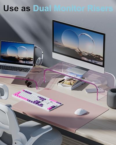 Acrylic Dual Monitor Stand Riser 2 Tier, Modular Laptop Stand for Desk, Multifunctional Desktop Organizer Shelf for PC, iMac, Printer, Detachable Monitor Stand for Office or Home, Pink - color: Pink, size: 20.3 in