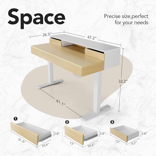 HUANUO Standing Desk with Drawers, 48 Inches Electric Height Adjustable Desk with Storage, Whole-Piece Board Sit Stand Up Desk with Monitor Shelf, Light Walnut - color: Light Walnut, size: Vertical Drawer Storage