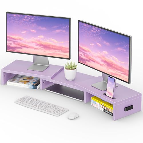 BONTEC Dual Monitor Stand Riser with Smartphone Holder, Adjustable Length & Swivel Angle, Ergonomic Wooden Desktop Organizer for PC Monitor, Laptop, Printer, Large Storage, Purple - color: Purple