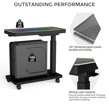 EUREKA ERGONOMIC Height Adjustable Computer Tower Stand, Illuminated Glass Panel PC Stand w/RGB Lights, 2-Tier CPU Holder Cart Under Desk, PC Floor Stand for Office Gaming, APP Control - color: Mix Color Pro
