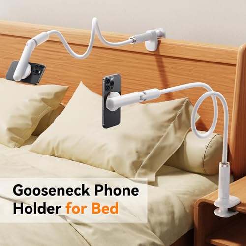 Magnetic Gooseneck Phone Holder for Bed, Flexible Long Arm Cell Phone Stand with Clamp Mount, 900° Rotation Overhead Phone Mount for Bedside, Headboard,Desk, Compatible with iPhone 17 Pro Max - size: 35.43'' Length-Magnetic