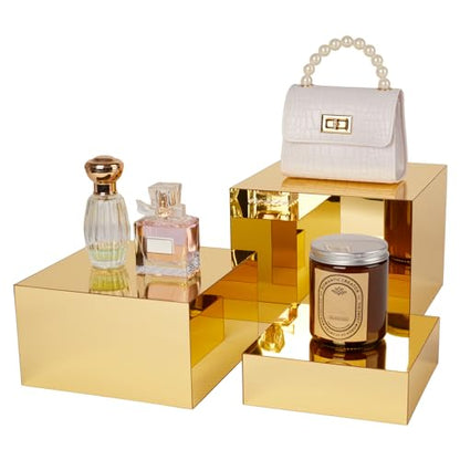 3 Pcs Gold Acrylic Risers Display Stands, Mirrored Nesting Cube Boxes Pedestal for Figures Collectibles, Jewelry Purse Wallet Showcase Blocks, Buffet Risers Food Display Catering Dessert Cake - size: Gold 3pcs (6",7",8")