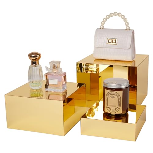 3 Pcs Gold Acrylic Risers Display Stands, Mirrored Nesting Cube Boxes Pedestal for Figures Collectibles, Jewelry Purse Wallet Showcase Blocks, Buffet Risers Food Display Catering Dessert Cake - size: Gold 3pcs (6",7",8")