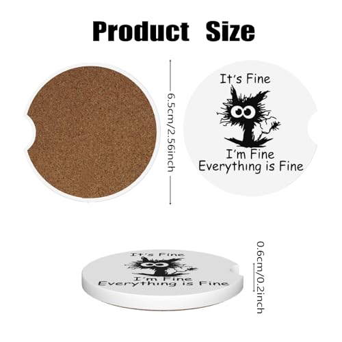 Car Cup Holder Coasters, 2 Pcs Ceramic Coasters with Cork Back and Finger Slot, Anti-Slip Shock Absorbing Women and Men Universal Car Accessories - Fine Cat - color: Fine Cat