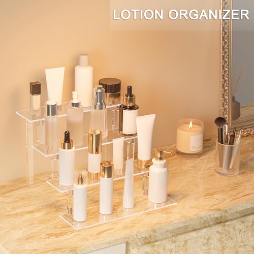 Acrylic Tiered Display Stand Shelf, 12”Perfume Stand Organizer, Large Acrylic Display Riser, Clear Pop Shelf for Perfume Cologne Makeup Dessert Collectibles Decoration (3 Pack)