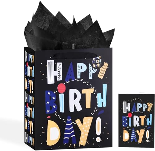 13" Black Happy Birthday Bag with Tissue Paper and Greeting Card for Party,Happy Birthday Gift Bag for Boys, Kids, Men,Gift Bags Medium size (1 PCS Black, Gift Bag) - color: 1 PCS Black Gift Bags, size: 1 count (Pack of 1)
