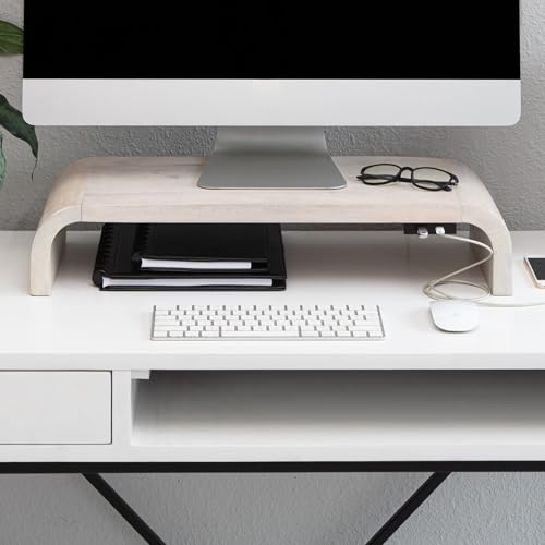 Anji Mountain Wood Monitor Stand Riser Desk Desktop Organizer Table for Home, Office Workspace, Laptop Riser, Ergonomic Design Stand for Gaming Setup, with Power Source, White Wash - color: White Wash, size: Basic Stand With USB Ports