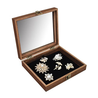 MOOCA Tempered-Glass Top 2 pieces Set Small Wooden Jewelry Display Case with Removable Black Luxurious Velvet Jewelry Display Pad, Deeper 2.2" Design for Collectibles, Brown Color. - color: Brown With Velvet Pad, 2 pieces